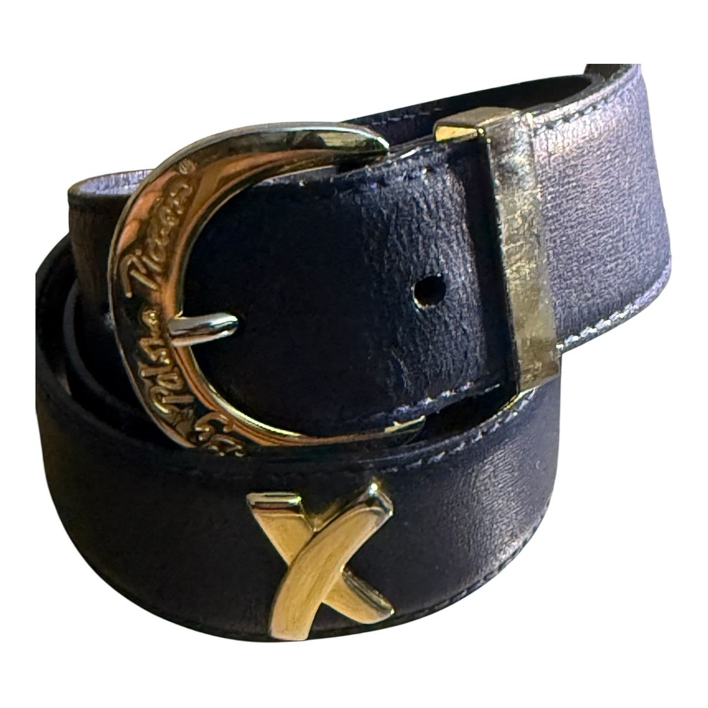 Paloma Picasso Vintage Navy Leather‎ X Buckle Belt Size M 75 Made in Italy Gold
